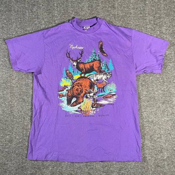 Anvil Other - Vintage 90s Mackinac Save Our American Wildlife T-Shirt Purple Anvil XL Nature